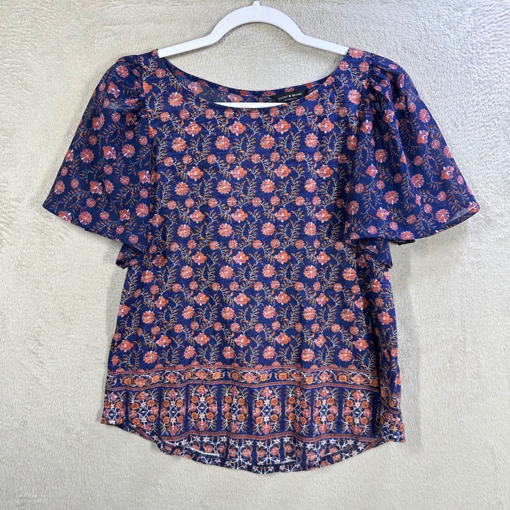 Lucky Brand Womens Navy Blue Floral Flutter Sleeve Cutout Back Blouse Small